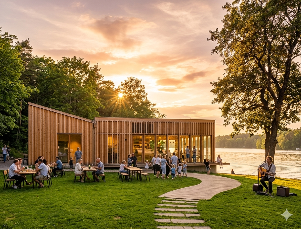 Vy över Café Sjöstugan vid Brunnsvikens strand