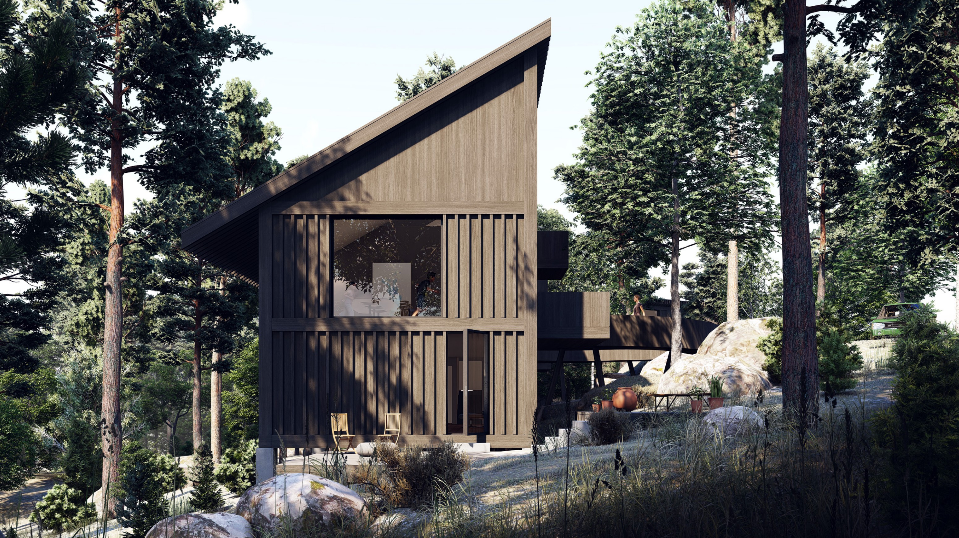 Geppetto — vunnen markanvisning i Tråsättraskogen, Åkersberga. Parhus i trä på plintar för stora barnfamiljer, med fyra sovrum och plusenergi-ambition.