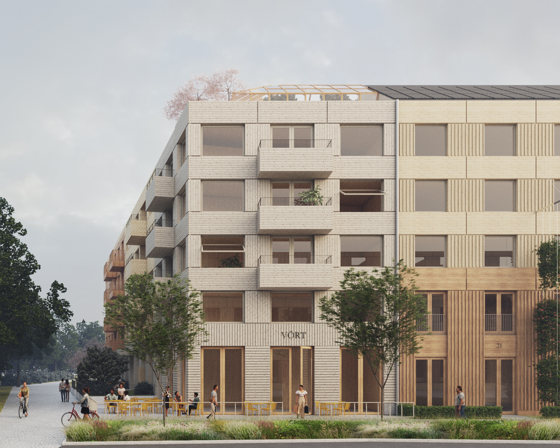 Mulino — vunnen markanvisning i Hyllie, Malmö. Stadskvarter helt i trä med varierat taklandskap, växthus och solceller, radhus i bottenvåning och kommersiell lokal i hörnläge.